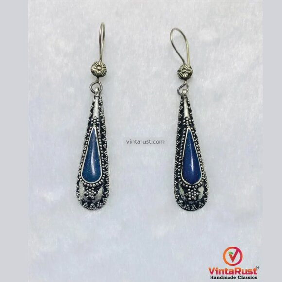 Minimalist Long Drop Lapis Lazuli Earrings: Handmade Boho Festival Jewelry - Picture 2 of 5